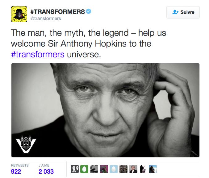 Anthony Hopkins rejoint Transformers 5 !
